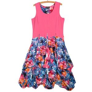 Tango‎ Mango Pink Tropical Floral Bubble Hem Sleeveless Midi Dress XL Boho Beach